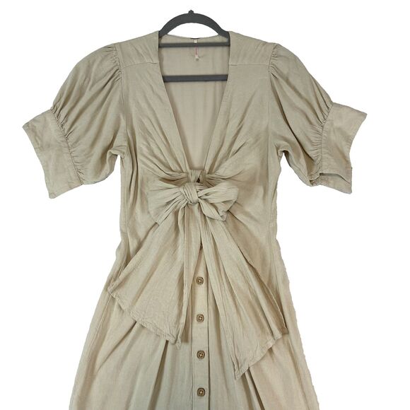Free People‎ Vintage Summer Midi Dress Women's Sz XS Beige Neutral Coastal - Picture 2 of 9
